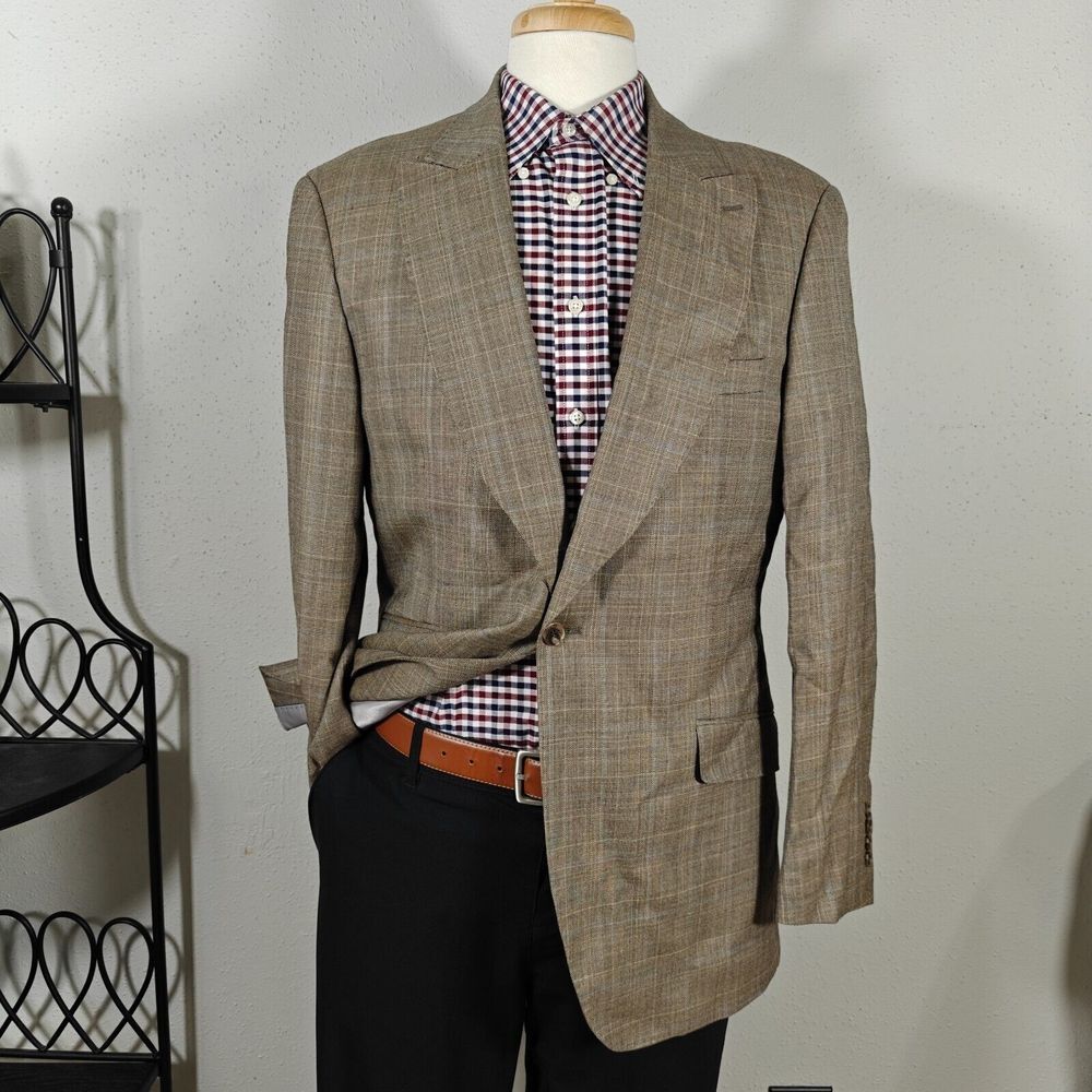 Apollo King Men's Sport Coat Blazer Single Button Brown Plaid 150s Wool Peak 42R